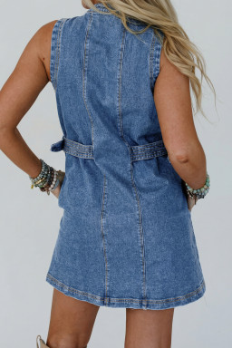 Myosotis Western Belt Button Down Sleeveless Denim Short Dress