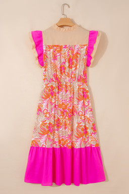 Rose Floral Print Color Block Ruffled Short Sleeve Flared Midi Dress