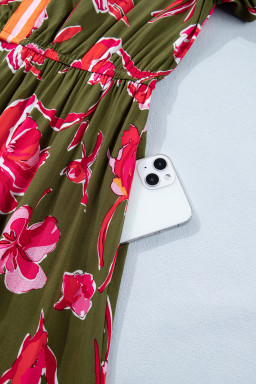 Green Floral Print Striped Trim Split Neck Short Puff Sleeve Ruffle Hem Maxi Dress