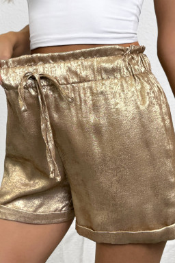 Gold Metallic Luster Tie Elastic Waist Cuffed Hem Shorts