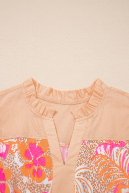 Rose Floral Print Color Block Ruffled Short Sleeve Flared Midi Dress