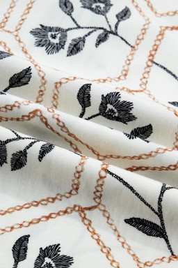 White Floral Print Striped Patchwork Button Neck Short Sleeve Blouse