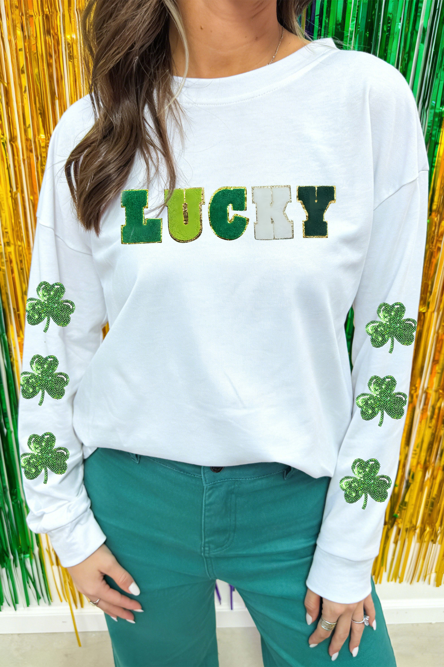 White LUCKY Chenille Letter Sequin Clover Long Sleeve Top