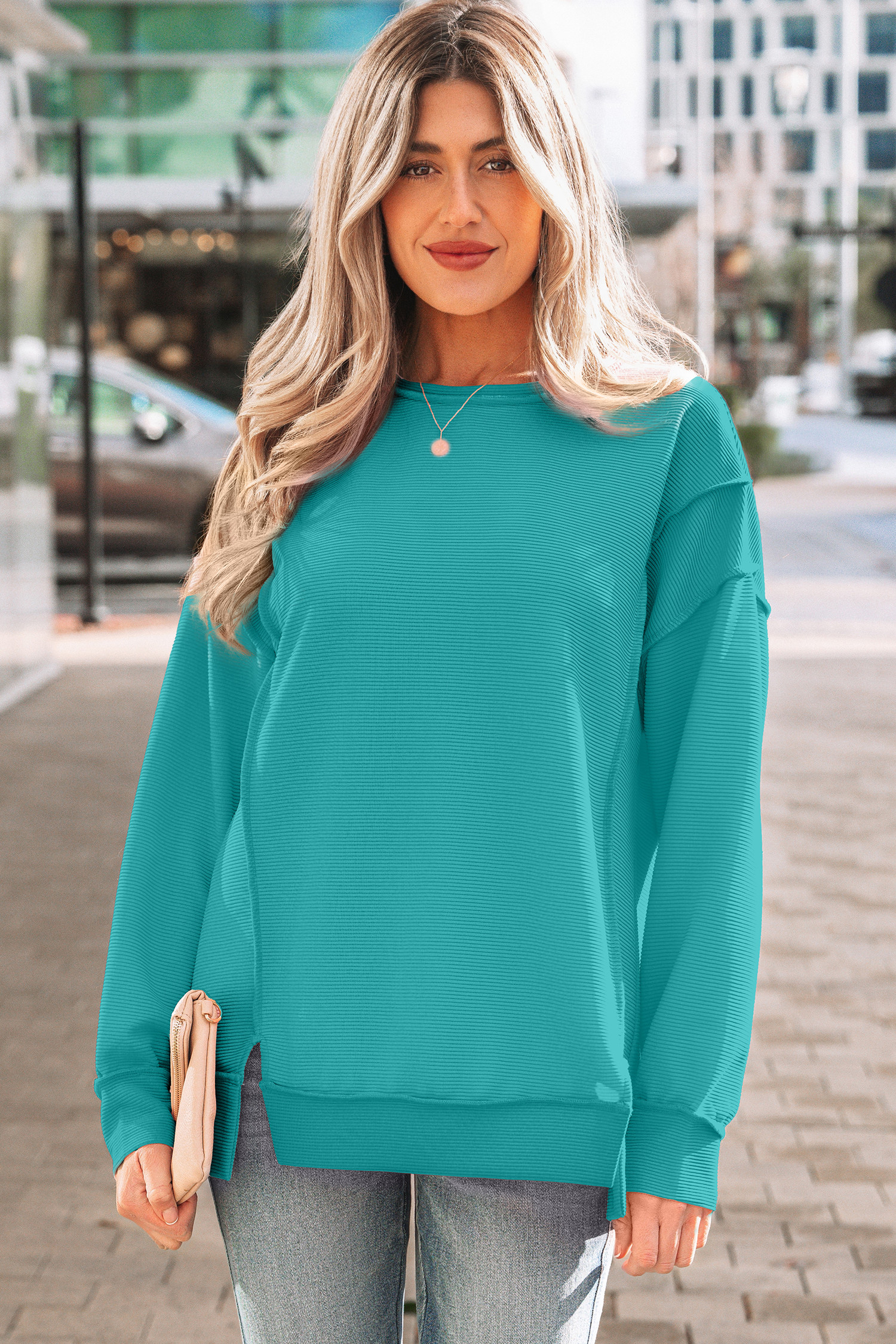 Sea Green Horizontal Ribbed Exposed Seam Detail Drop Shoulder Baggy Pullover