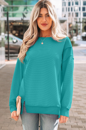 Sea Green Horizontal Ribbed Exposed Seam Detail Drop Shoulder Baggy Pullover