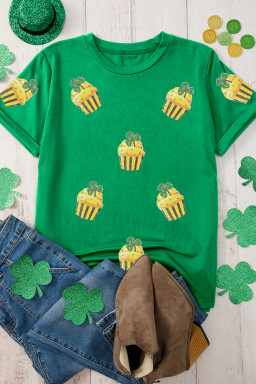 Bright Green St Patricks Day Sequin Cupcake Graphic T Shirt