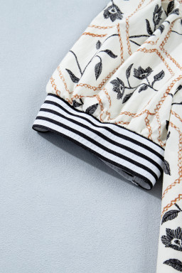 White Floral Print Striped Patchwork Button Neck Short Sleeve Blouse