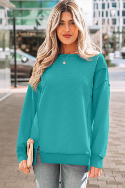 Sea Green Horizontal Ribbed Exposed Seam Detail Drop Shoulder Baggy Pullover
