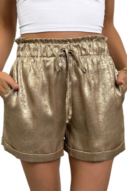 Gold Metallic Luster Tie Elastic Waist Cuffed Hem Shorts