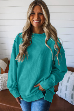 Sea Green Horizontal Ribbed Exposed Seam Detail Drop Shoulder Baggy Pullover
