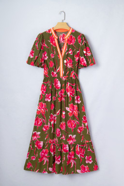 Green Floral Print Striped Trim Split Neck Short Puff Sleeve Ruffle Hem Maxi Dress