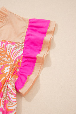 Rose Floral Print Color Block Ruffled Short Sleeve Flared Midi Dress