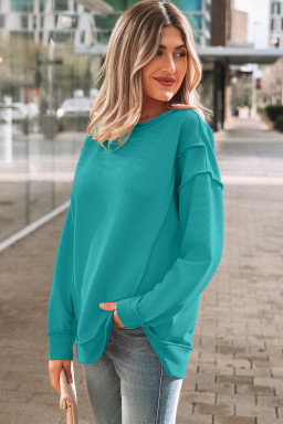 Sea Green Horizontal Ribbed Exposed Seam Detail Drop Shoulder Baggy Pullover