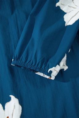 Blue Floral Print Shirt Collar V Neck 3/4 Sleeve Shift Midi Dress