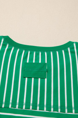 Green Stripe Ribbed Patchwork Seam Detail Half Sleeve Tee