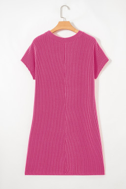 Bright Pink Striped Ribbed Knit T-shirt Shift Dress