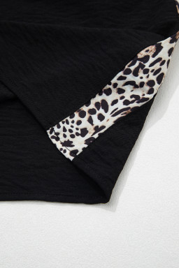 Black Plus Size Leopard Patchwork Round Neck Loose Tee