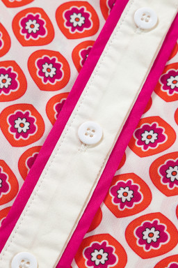 Orange Geometric Floral Print Color Block Trim Button Front Ruffle Hem Dress