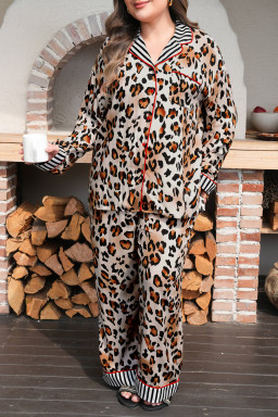 Khaki Plus Leopard Print Contrast Piping Striped Patchwork 2pcs Long Pajama Set