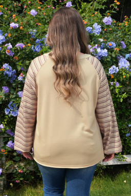 Parchment Striped Raglan Sleeve Notched Neck Raw Edge Plus Size Jumper