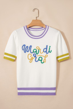 White Mardi Gras Tinsel Letter Graphic Short Sleeve Sweater