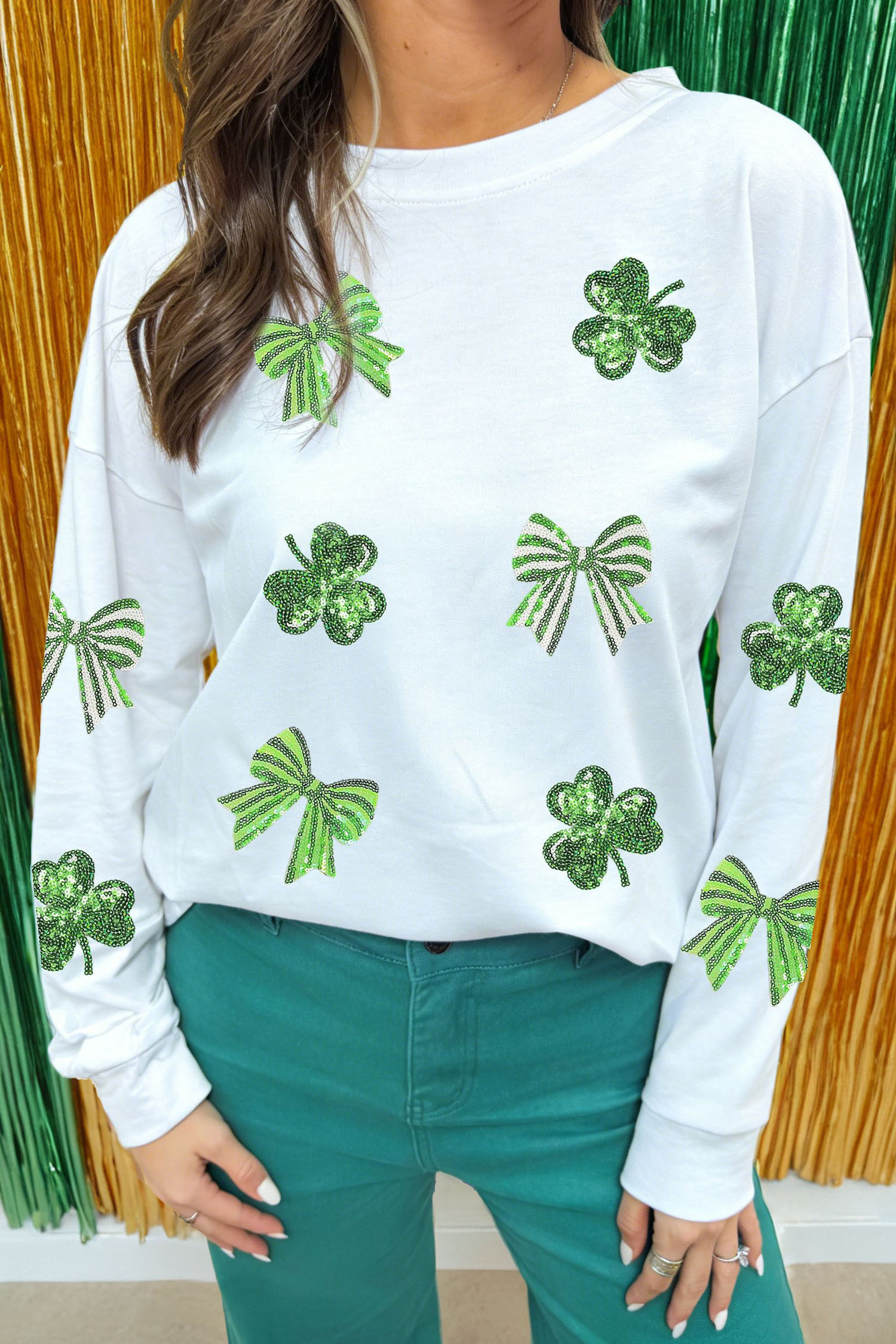White Sequin Clover Bow Patched Long Sleeve Graphic Tee