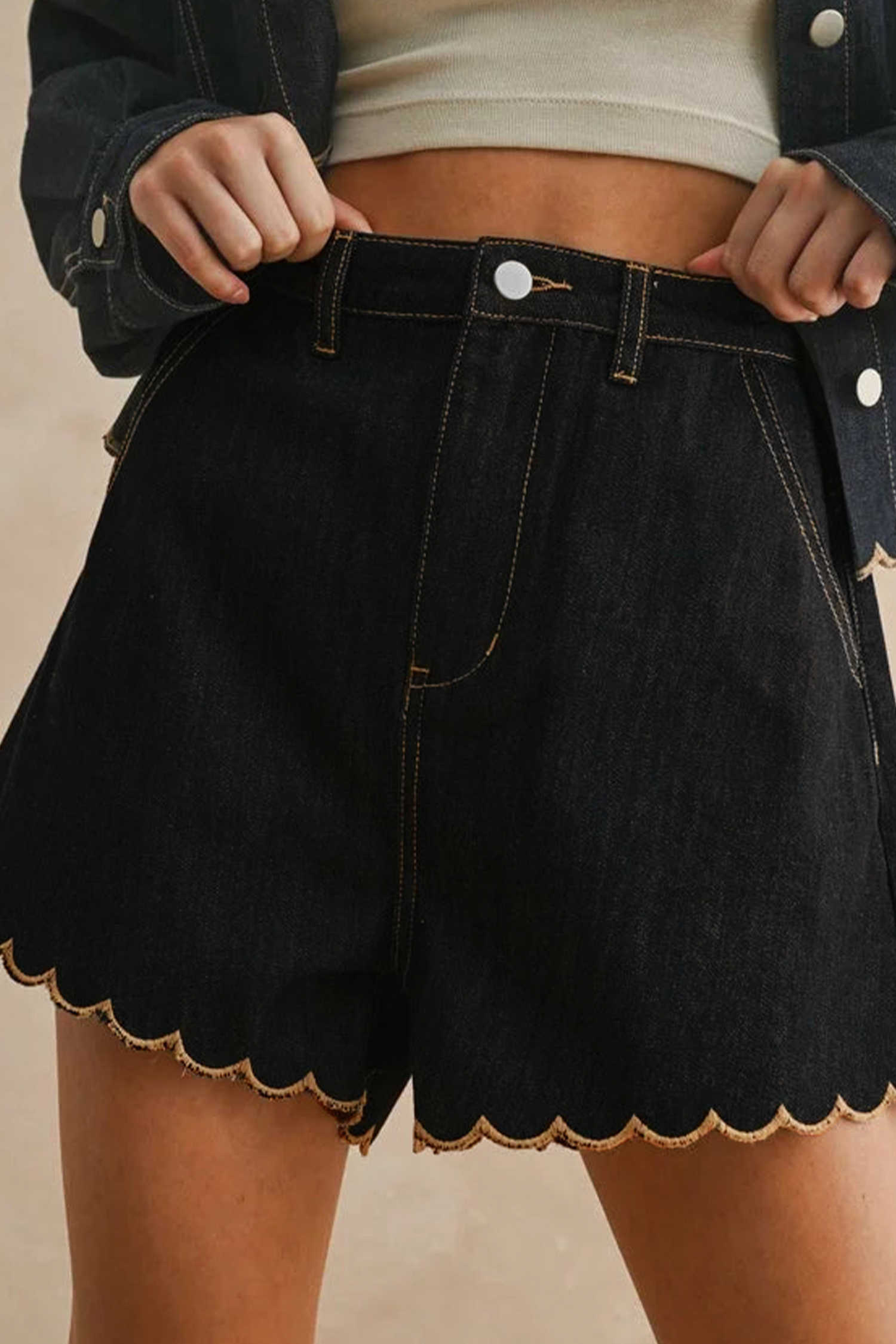 Black Embroidered Scalloped Trim Relaxed Denim Shorts