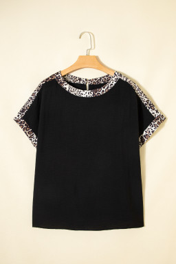 Black Plus Size Leopard Patchwork Round Neck Loose Tee