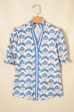 Sky Blue Floral Print Flounced Short Sleeve Contrast Trim V Neck Blouse