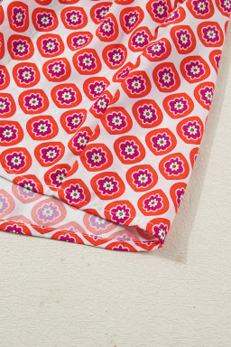 Orange Geometric Floral Print Color Block Trim Button Front Ruffle Hem Dress