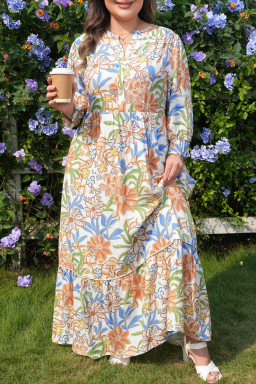 Khaki Floral Print 3/4 Sleeves Tiered Plus Size Long Dress