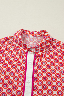 Orange Geometric Floral Print Color Block Trim Button Front Ruffle Hem Dress