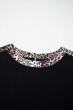 Black Plus Size Leopard Patchwork Round Neck Loose Tee