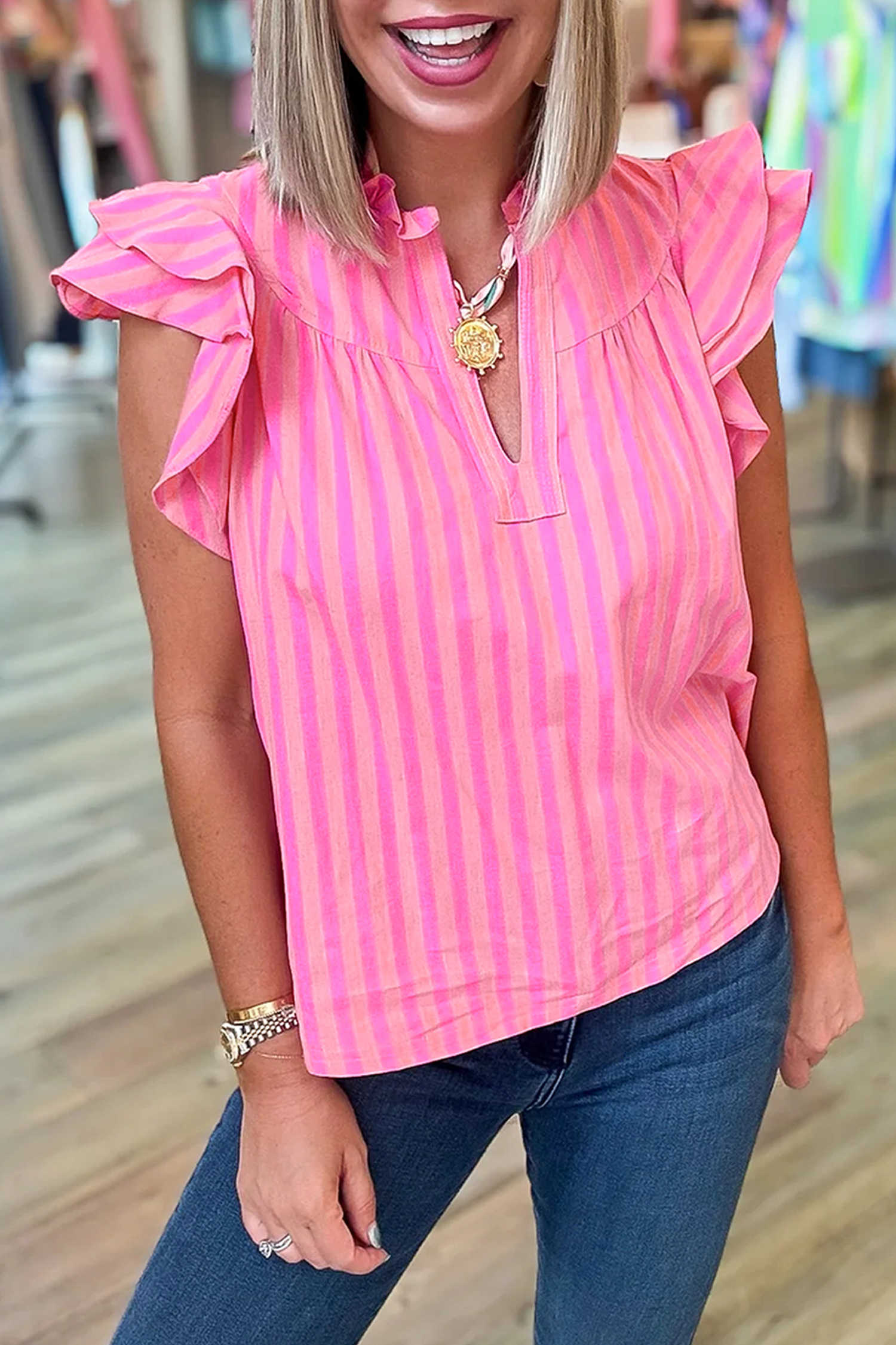 Pink Stripe Split Neck Ruffled Summer Blouse