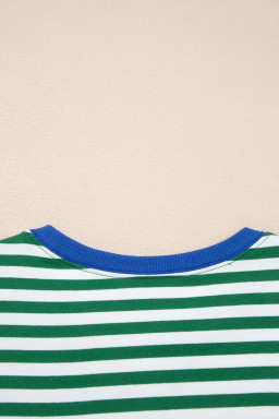 Green Stripe Drop Shoulder Boxy Casual Terry Short Set