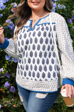 White Plus Size Boho Floral Print Contrast Trim Split Neck Puff Sleeve Patchwork Blouse