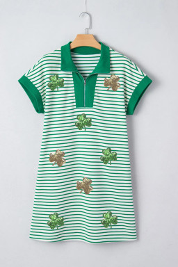 Green Stripe Ribbed Color Block Trim Sequin Clover Patched Polo Tee Dress