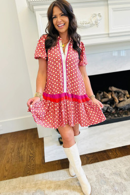 Orange Geometric Floral Print Color Block Trim Button Front Ruffle Hem Dress