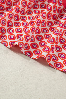 Orange Geometric Floral Print Color Block Trim Button Front Ruffle Hem Dress