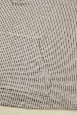 Simply Taupe Plus Size Ribbed Knit Kangaroo Pocket Henley Long Sleeve Top