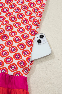 Orange Geometric Floral Print Color Block Trim Button Front Ruffle Hem Dress