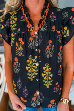 Black Floral Print Lace Trim Frilled V Neck Short Sleeve Shirt