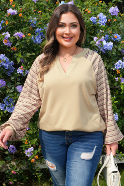 Parchment Striped Raglan Sleeve Notched Neck Raw Edge Plus Size Jumper