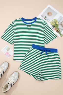Green Stripe Drop Shoulder Boxy Casual Terry Short Set