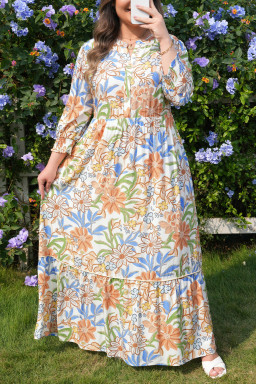 Khaki Floral Print 3/4 Sleeves Tiered Plus Size Long Dress