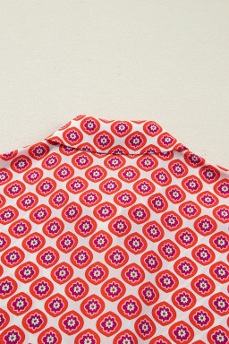 Orange Geometric Floral Print Color Block Trim Button Front Ruffle Hem Dress