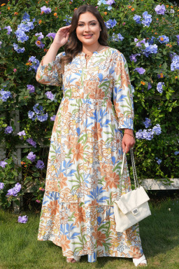 Khaki Floral Print 3/4 Sleeves Tiered Plus Size Long Dress