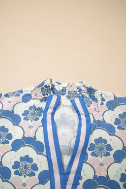 Sky Blue Floral Print Flounced Short Sleeve Contrast Trim V Neck Blouse