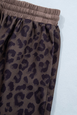 Brown V Neck Collar Leopard Printed 2pcs Short Set