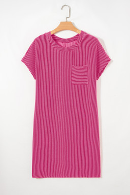 Bright Pink Striped Ribbed Knit T-shirt Shift Dress